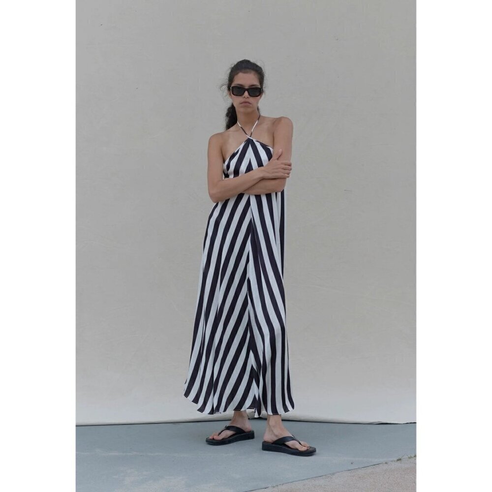 Birgette Herskind Thora A Line Halter Maxi Dress Black White Stripe Womens Size